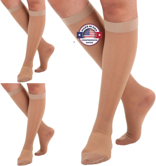 (3 Pairs - Closed Toe) Made in USA - Sheer Compression Socks for Women 15-20mmHg - Compression Stockings for Varicose Veins Circulation, Thrombosis, Embolism - Natural, Medium - A101NA2-3