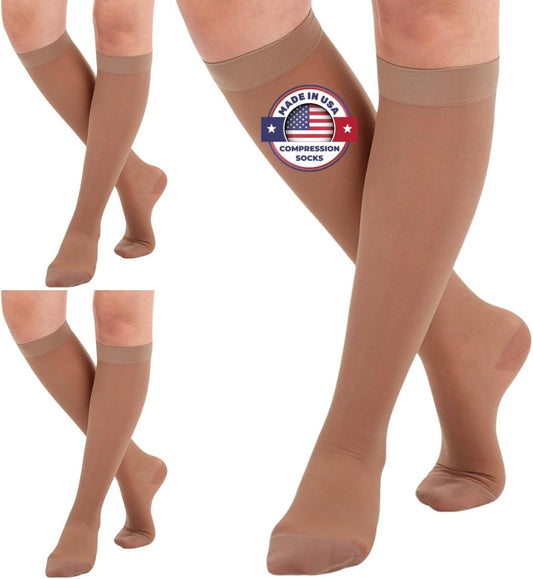 (3 Pairs - Closed Toe) Made in USA - Plus Size Compression Stockings for Women 15-20mmHg - Womens Sheer Compression Knee High for Varicose Veins, Swelling, Pain Relief - Beige, 2X-Large - A101BE5-3