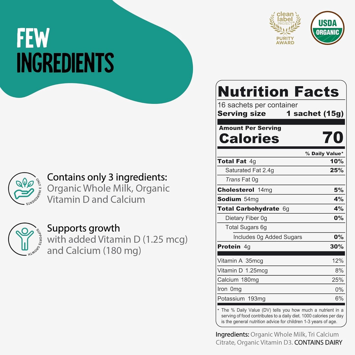 Voyager Toddler Milk On The Go, USDA Organic Shelf Stable Whole Milk Powder, Great for Travel, No Refrigeration, Gluten Free with No GMO's and No Antibiotics for Kids, 48 Sachets of 15g - 3 Pack