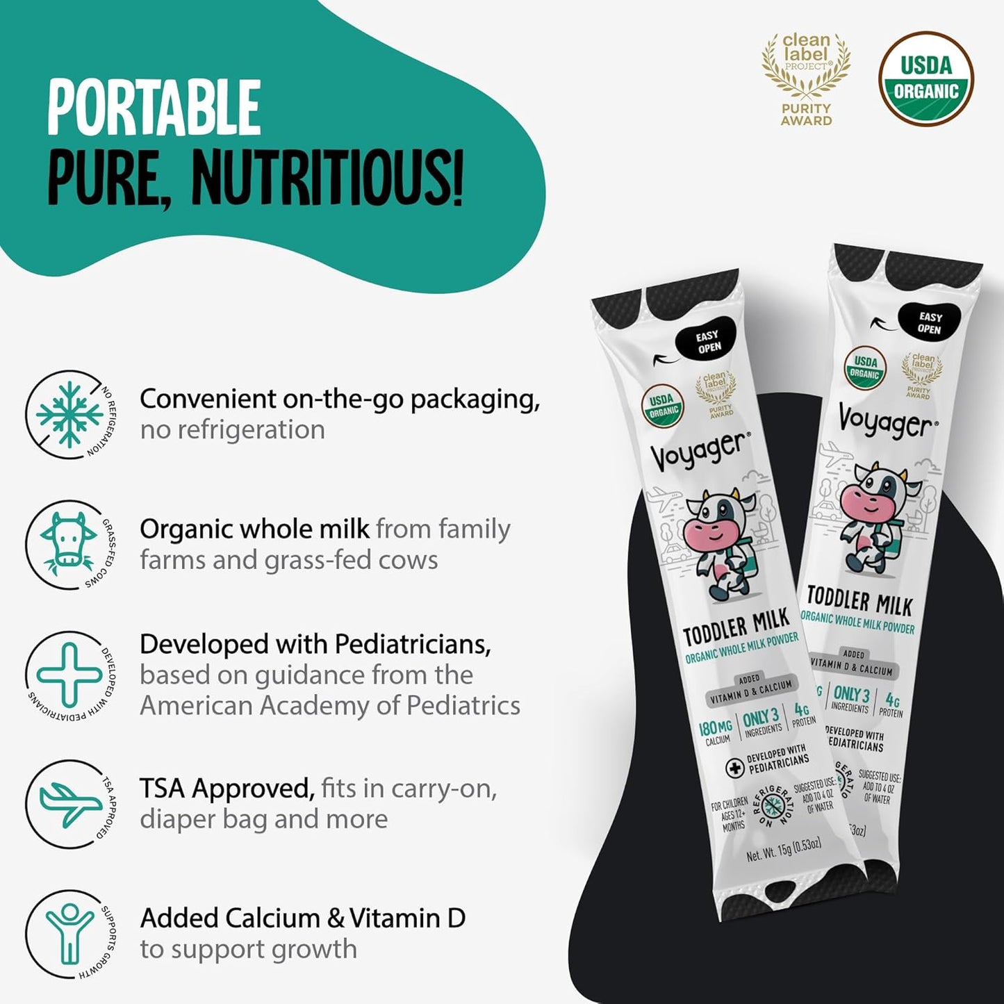 Voyager Toddler Milk On The Go, USDA Organic Shelf Stable Whole Milk Powder, Great for Travel, No Refrigeration, Gluten Free with No GMO's and No Antibiotics for Kids, 48 Sachets of 15g - 3 Pack