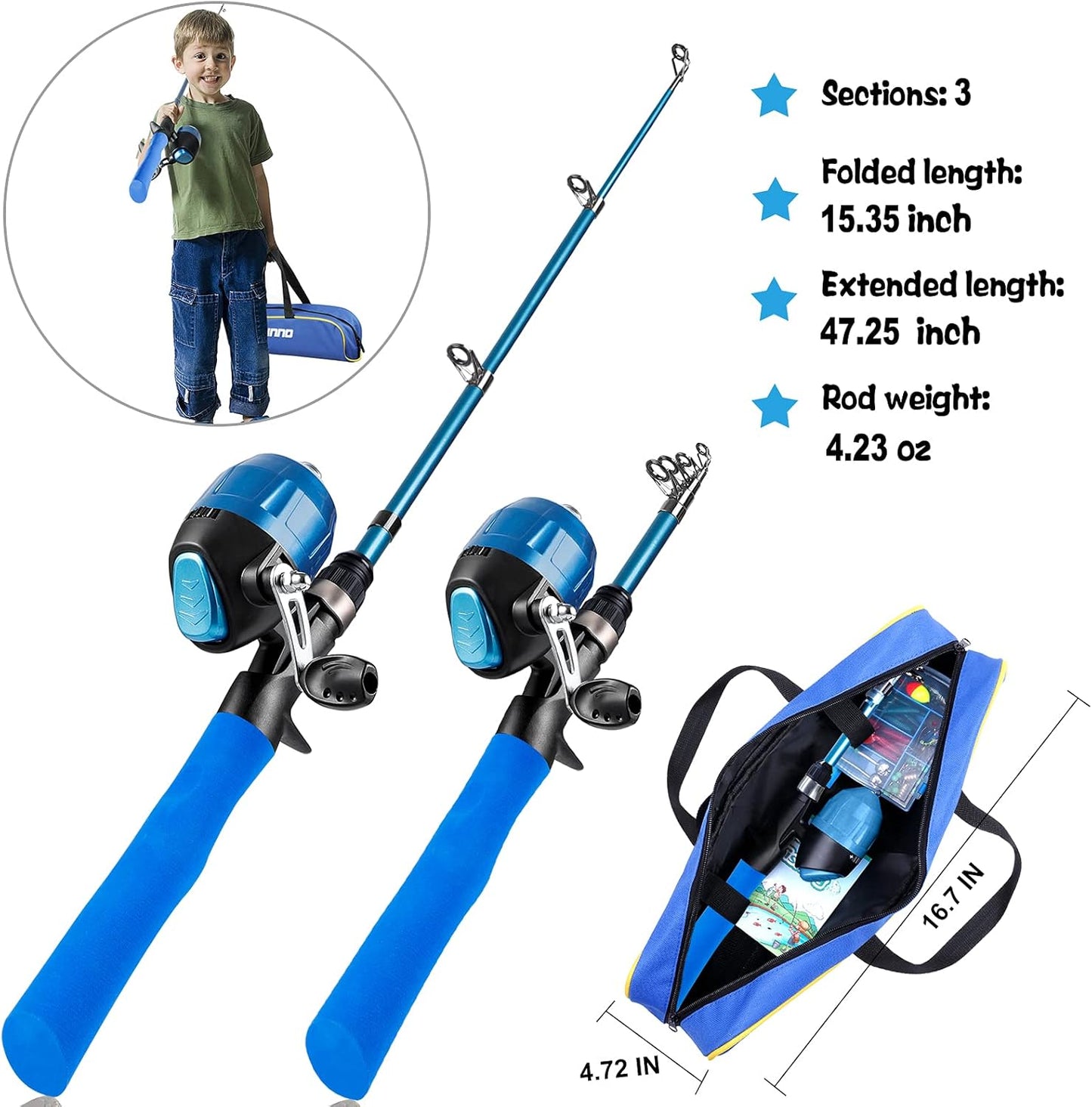 PLUSINNO Kids Fishing Pole with Spincast Reel Telescopic Fishing Rod Combo Full Kits for Boys, Girls, and Adults