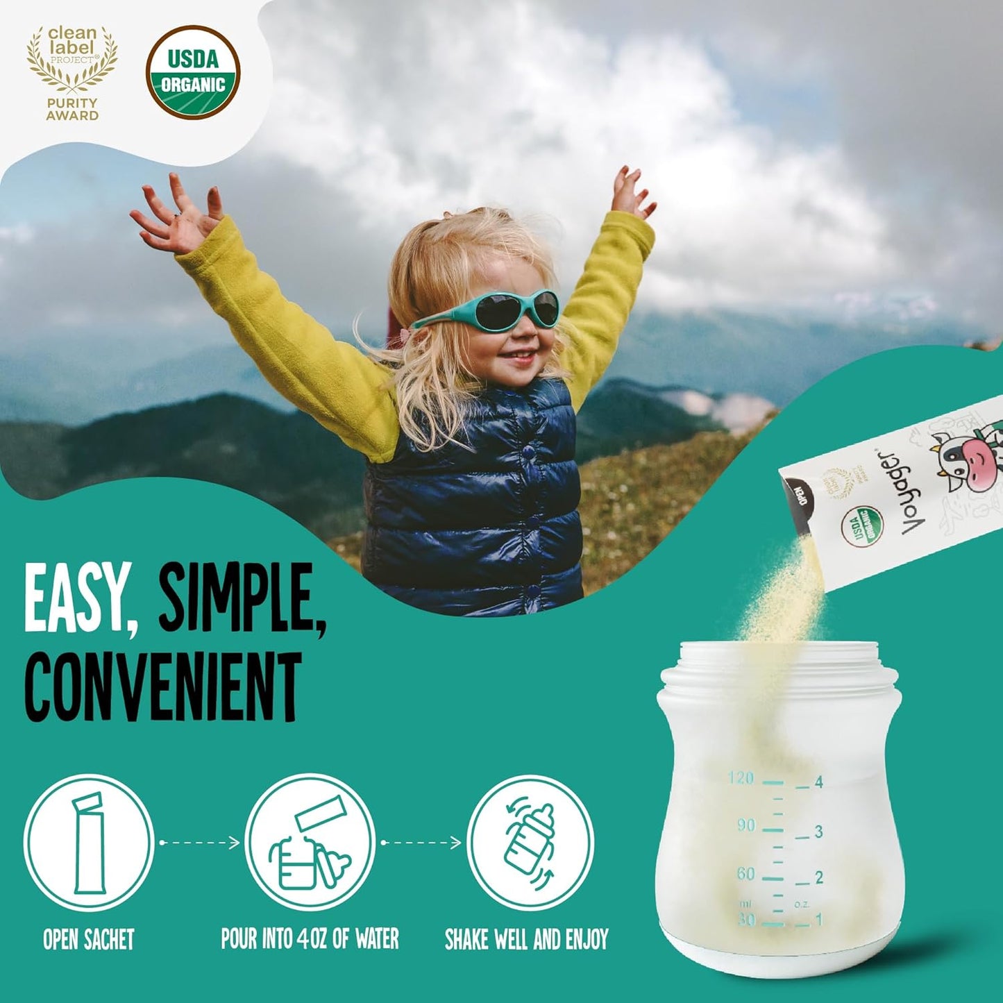 Voyager Toddler Milk On The Go, USDA Organic Shelf Stable Whole Milk Powder, Great for Travel, No Refrigeration, Gluten Free with No GMO's and No Antibiotics for Kids, 48 Sachets of 15g - 3 Pack
