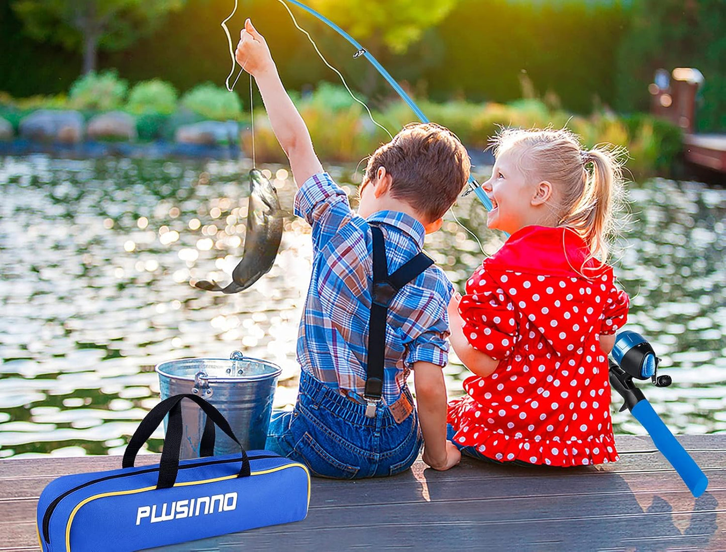 PLUSINNO Kids Fishing Pole with Spincast Reel Telescopic Fishing Rod Combo Full Kits for Boys, Girls, and Adults