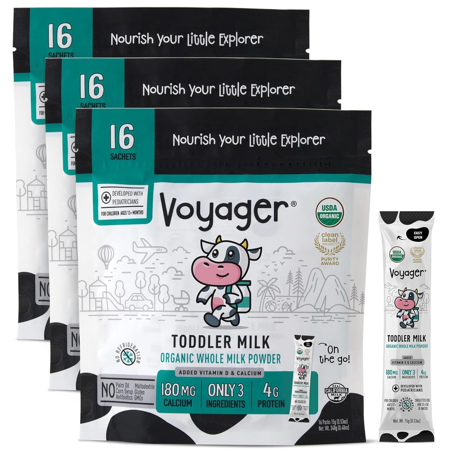 Voyager Toddler Milk On The Go, USDA Organic Shelf Stable Whole Milk Powder, Great for Travel, No Refrigeration, Gluten Free with No GMO's and No Antibiotics for Kids, 48 Sachets of 15g - 3 Pack